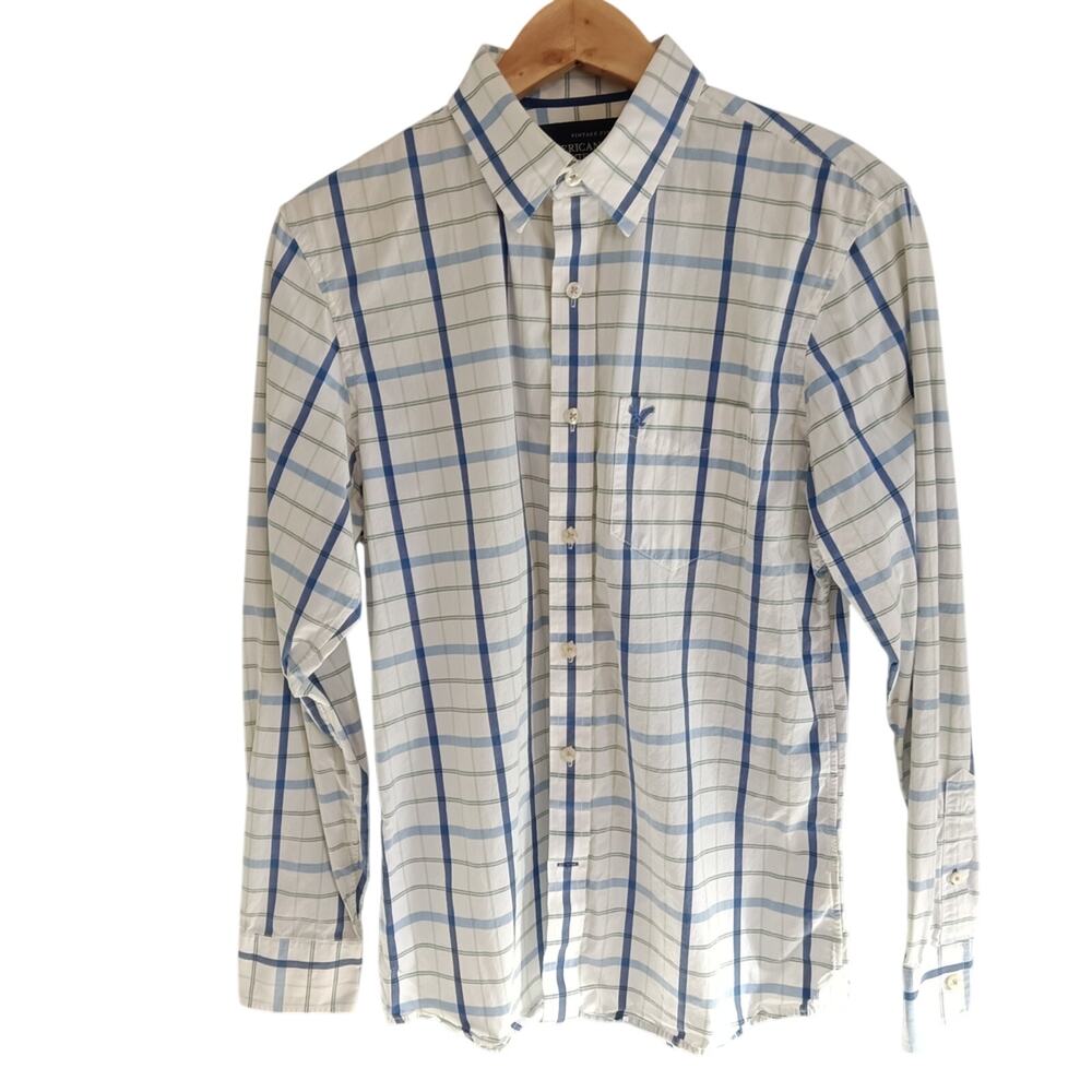 American Eagle Outfitters White and Blue Checkered Shirt Medium